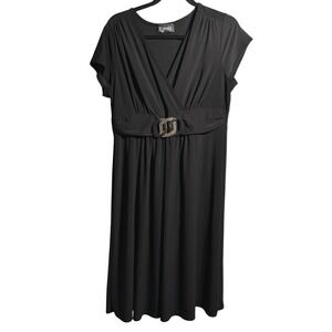 VTG Y2K Black Midi Dress Belted Empire Waist V Neck Short‎ Sleeve 16 Formal USA